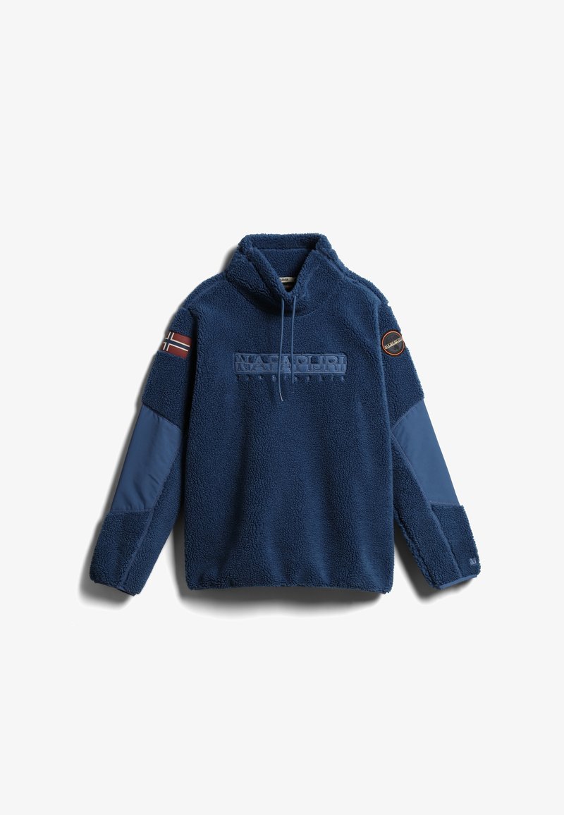 Navy blue fleece pullover with a high collar, featuring side panel accents in smooth fabric, logo on front, and a patch on the sleeve.