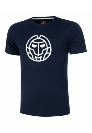 T-shirt a maniche corte blu navy con un logo bianco di volto astratto stilizzato al centro del petto.