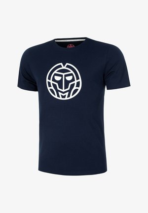 Marineblauw T-shirt met korte mouwen en een witte gestileerde abstracte gezichtslogo in het midden van de borst.