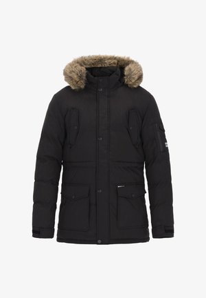 Svart vadderad parka-jacka med huva fodrad med konstpäls, dragkedja och tryckknappar, två framfickor och en ärmficka med ränder.