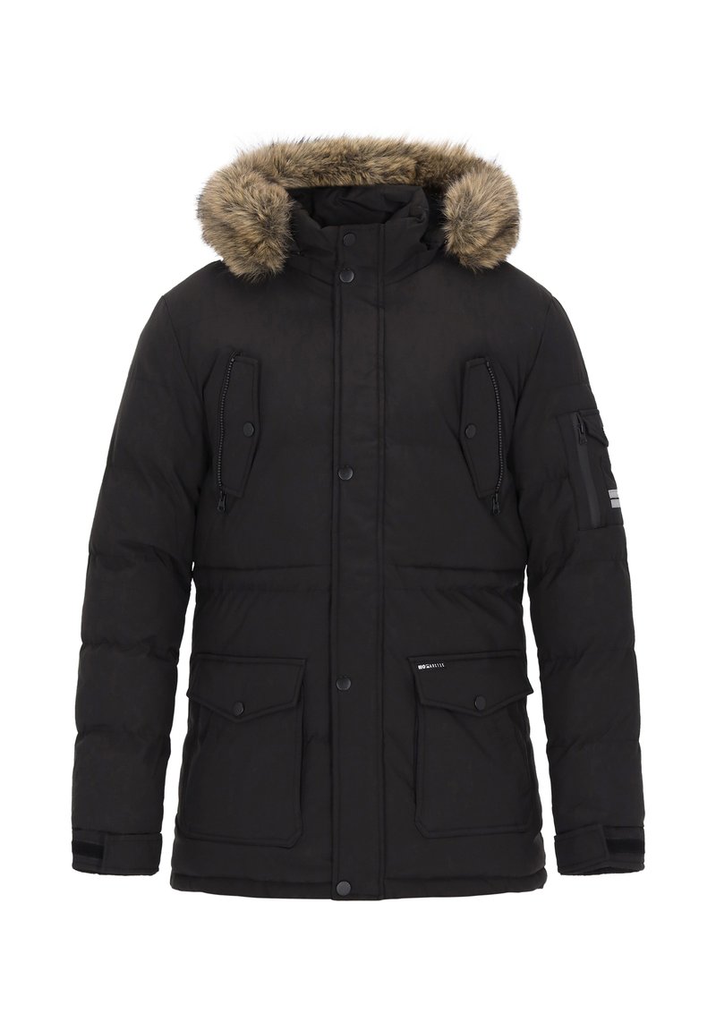 Czarna pikowana kurtka parka z kapturem wyściełanym sztucznym futerkiem, zamkiem błyskawicznym i zatrzaskami, dwoma przednimi kieszeniami oraz kieszenią na rękawie z paskami.