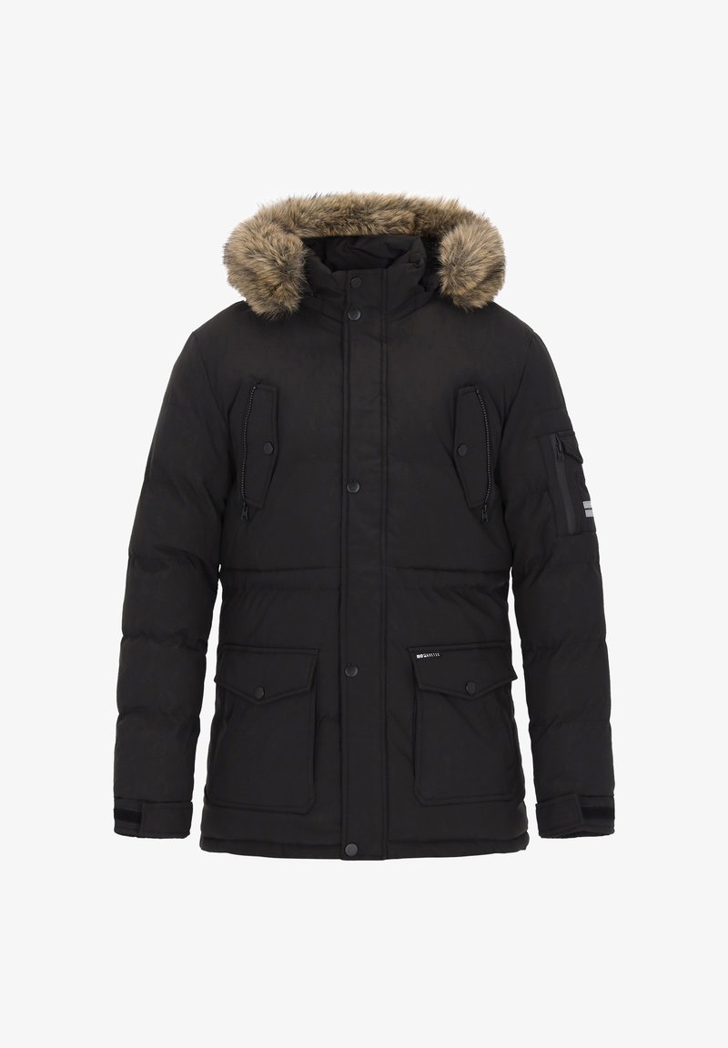 Czarna pikowana kurtka parka z kapturem wyściełanym sztucznym futerkiem, zamkiem błyskawicznym i zatrzaskami, dwoma przednimi kieszeniami oraz kieszenią na rękawie z paskami.