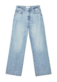 Jean bleu clair à jambes larges avec de petites taches noires subtiles et dispersées, poches avant, fermeture par bouton et passants de ceinture.