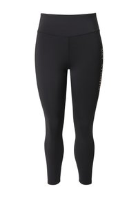 Leggings neri realizzati in materiale elasticizzato con un alto punto vita, caratterizzati da un dettaglio testuale "GET STRONG" in metallizzato sul lato.