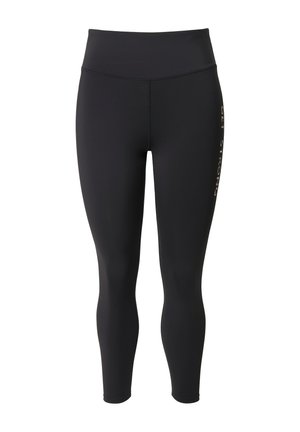 Schwarze Leggings aus dehnbarem Material mit hohem Taillenbund, mit einem metallischen "GET STRONG"-Schriftzug an der Seite.