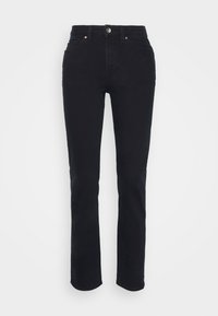 Pantaloni in denim nero con una vestibilità dritta, stile cinque tasche e chiusura con bottone metallico in vita. Tessuto liscio e taglio classico.