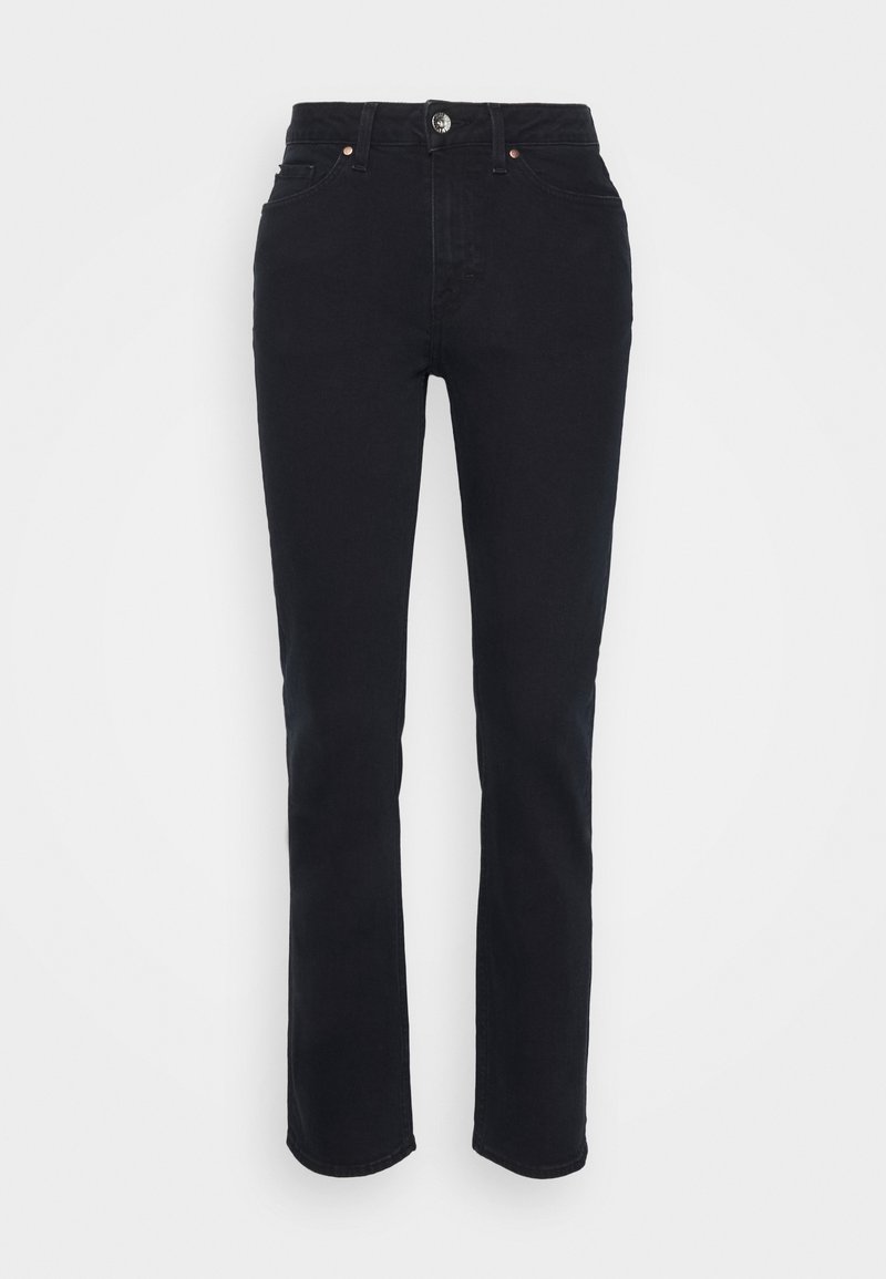Pantaloni in denim nero con una vestibilità dritta, stile cinque tasche e chiusura con bottone metallico in vita. Tessuto liscio e taglio classico.