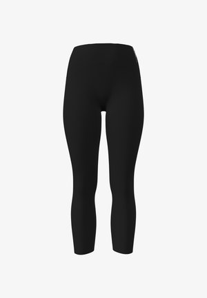 Zwarte cropped leggings met hoge taille, nauwsluitend silhouet, naadloos ontwerp en een klein logo aan de bovenkant.