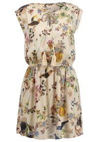 Robe couleur crème à motif floral, manches courtes, encolure à cordon de serrage avec détails à pompons, fabriquée en tissu léger.