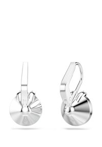 Boucles d'oreilles en argent avec un design de disque rond et poli, doté d'un crochet incurvé élégant. La surface présente une texture réfléchissante avec des accents subtils.