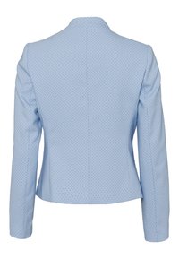 Vaaleansininen istuva bleiseri, jossa on hienovarainen geometrinen kuvio, pitkät hihat ja takasauma, näkyy takaa.