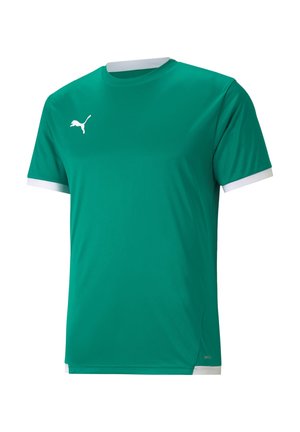 Grünes Sport-T-Shirt mit weißen Akzenten und Puma-Logo, kurze Ärmel, runder Ausschnitt, glatte Textur und leichtes Design.