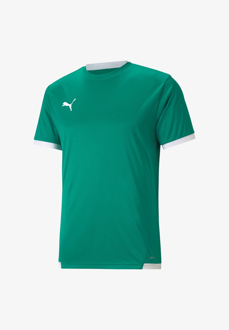 Grünes Sport-T-Shirt mit weißen Akzenten und Puma-Logo, kurze Ärmel, runder Ausschnitt, glatte Textur und leichtes Design.