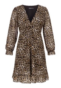 Leopardenmuster-Kleid aus transparenter Stoff, mit tiefem V-Ausschnitt, langen Puffärmeln, einer Schleifen-Detail an der Taille und einem Rüschensaum.