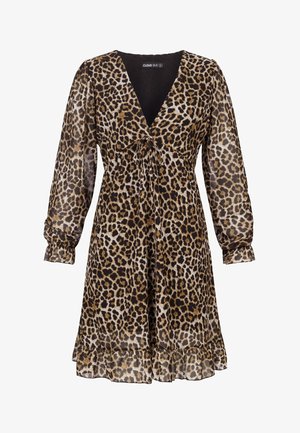 Leopardenmuster-Kleid aus transparenter Stoff, mit tiefem V-Ausschnitt, langen Puffärmeln, einer Schleifen-Detail an der Taille und einem Rüschensaum.