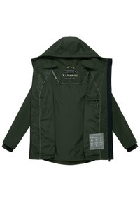 Dunkelgrüne Kapuzenjacke, geöffnet, um Innenbranding, Innentasche mit Reißverschluss auf der Brust und Pflegeetikett im rechten Innenbereich zu zeigen.