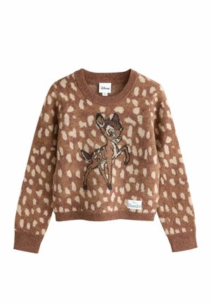 Brauner Pullover mit hellen Flecken und einem Cartoon-Bambi-Reh in der Mitte, mit gerippten Bündchen und Kragen, Disney- und Bambi-Labels.