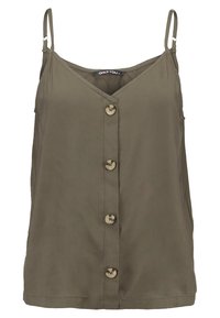 Top sans manches vert olive en tissu léger, avec un col en V, des bretelles réglables et une fermeture à boutons dorés sur le devant.