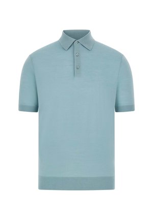 Polo shirt azzurro chiaro a maniche corte realizzato in un tessuto morbido, con colletto, patta con tre bottoni e polsini e orlo a coste.
