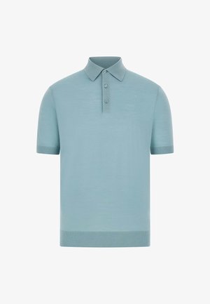Lichtblauwe polo met korte mouwen, gemaakt van gladde stof, met een kraag, drie knopen en ribgebreide manchetten en zoom.