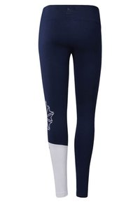 Marinblå leggings med en vit nedre del och en stjärnexplosion-design i vitt på sidan. Tillverkade av elastiskt, slätt material.