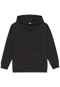 Sudadera con capucha negra de algodón, con un bolsillo frontales, puños acanalados y un logotipo sutil en el pecho. Textura suave.