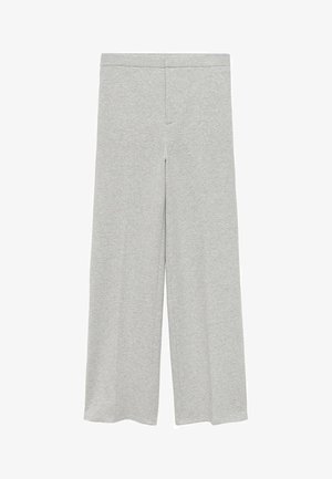 Šedé široké nohavice z jemného materiálu. Majú hladkú textúru, elastický pás a jednoduchý dizajn bez vreciek.