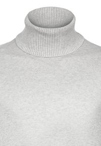 Helles graues Rollkragensweatshirt aus weichem Strickstoff. Es verfügt über einen gerippten Kragen und eine glatte Textur ohne sichtbare Muster oder Akzente.
