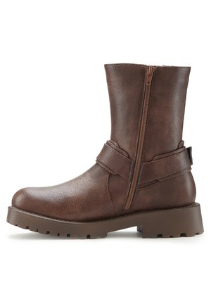 Brown synthetic leather ankle boot with a side zipper, strap detail, rounded toe, and chunky rubber sole featuring a tread pattern.