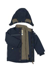 Temno modra zimska jakna z rjavim flis podlogom, z zadrgo, dvema sprednjima žepoma in odstranljivo kapuco. Ima sive črte in zlate gumbe.