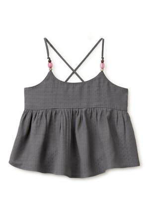 Haut gris sans manches avec fines bretelles croisées ornées de perles roses et marron, et un ourlet inférieur froncé et évasé.