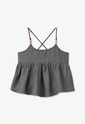 Grijs mouwloze top met dunne gekruiste bandjes met roze en bruine kralen en een geplooide, uitstaande zoom aan de onderkant.