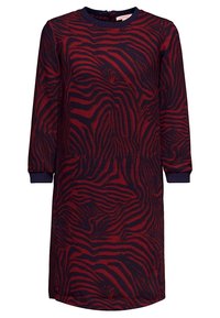 Robe à manches longues avec motif zèbre en rayures rouge foncé et noir, col rond et poignets côtelés.
