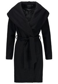 Cappotto avvolgente nero con ampio colletto, maniche lunghe e cintura abbinata. Realizzato in morbido tessuto testurizzato con una fodera interna liscia.