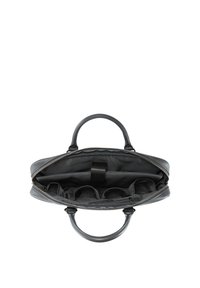 Bolso de mano de cuero negro con cierre de cremallera, asas dobles y compartimentos interiores para organización. Forro texturizado gris visible en el interior.
