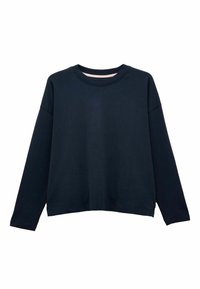 Marineblaues Langarm-Sweatshirt aus weichem Baumwollmaterial, mit Rundhalsausschnitt, lockerer Passform und gerippten Bündchen. Sauberes Design ohne Muster.