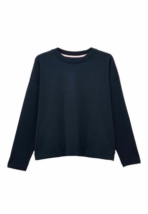 Navy blue long-sleeve sweatshirt made of soft cotton, featuring a round neck, relaxed fit, and ribbed cuffs. Clean design without patterns.