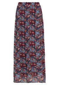 Gonna lunga a fantasia floreale con foglie e fiori rossi, blu e beige su uno sfondo scuro, di lunghezza midi, con cintura elastica.