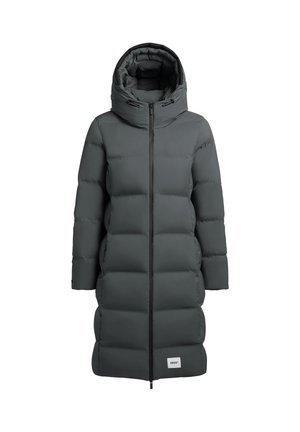 Parka imbottita di colore grigio scuro con una silhouette lunga e dritta. Presenta un cappuccio, un design a quadri, chiusura con zip e un piccolo etichetta del marchio come accent.