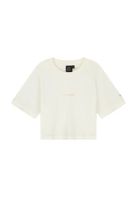Korte mouw t-shirt met een cropped snit, gemaakt van zachte crème katoen. Heeft een ronde halslijn en de tekst "TOMORROWLAND" in een gradient kleurverloop.