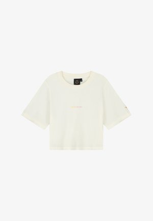 Korte mouw t-shirt met een cropped snit, gemaakt van zachte crème katoen. Heeft een ronde halslijn en de tekst "TOMORROWLAND" in een gradient kleurverloop.