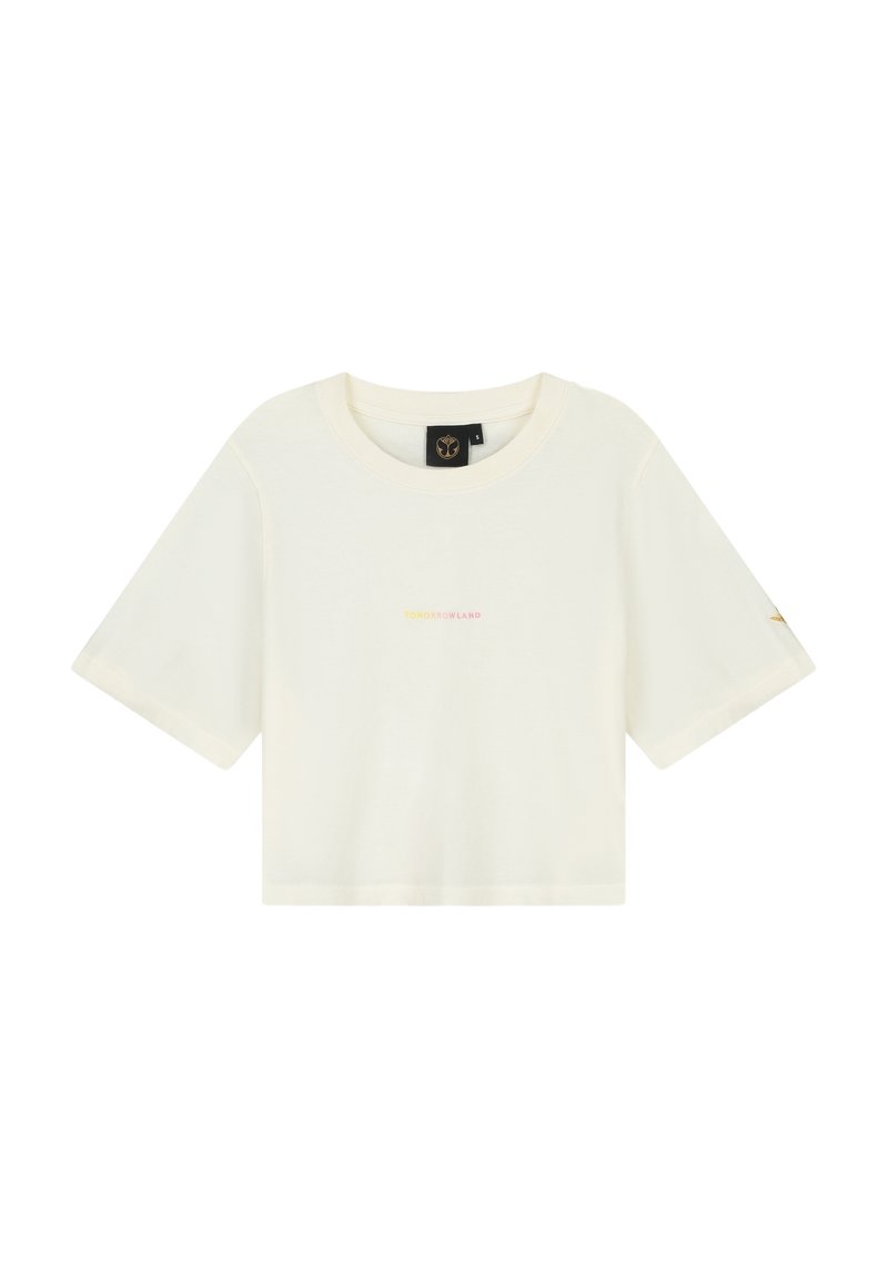 Korte mouw t-shirt met een cropped snit, gemaakt van zachte crème katoen. Heeft een ronde halslijn en de tekst "TOMORROWLAND" in een gradient kleurverloop.