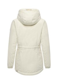 Lett, kremfarget jakke med hette, snor i livet og elastiske mansjetter. Glatt tekstur og minimalistisk design.