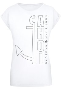 White cotton short-sleeve T-shirt featuring a black outline of an anchor and the text "AHOI KNUT & JAN HAMBURG" in a modern font.