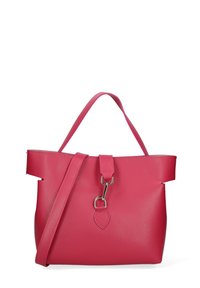 Borsa a mano in pelle rosa con un design strutturato, manici corti e una tracolla removibile. Presenta una chiusura e un'evidenza in hardware argento.
