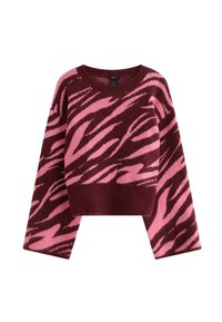 Maglione a righe zebra marrone e rosa, con maniche lunghe e collo e orlo a coste.