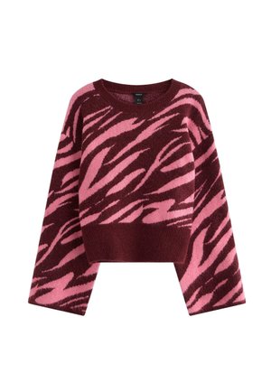 Burgundy ja vaaleanpunainen zebra-raidoitettu neulepaita, jossa on pitkät hihat sekä ribbireunus kauluksessa ja helmassa.
