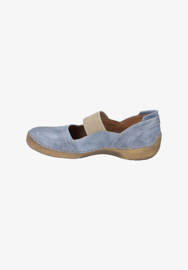 Blaue Lederschuhe mit einem strukturierten beigen Elastikband, runder Spitze und gestickten Details. Sie verfügen über eine bequeme, niedrige Holzsohle.