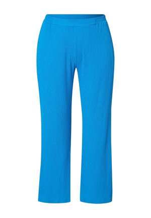 Blue, wide-leg pants made of a textured fabric. Features an elastic waistband and a smooth drape extending to the ankle, without pockets.