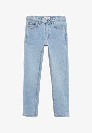 Jasnoniebieskie dżinsy z prostym krojem, pięcioma kieszeniami i pomarańczowym przeszyciem. Posiadają zamek błyskawiczny i zapięcie na guzik.